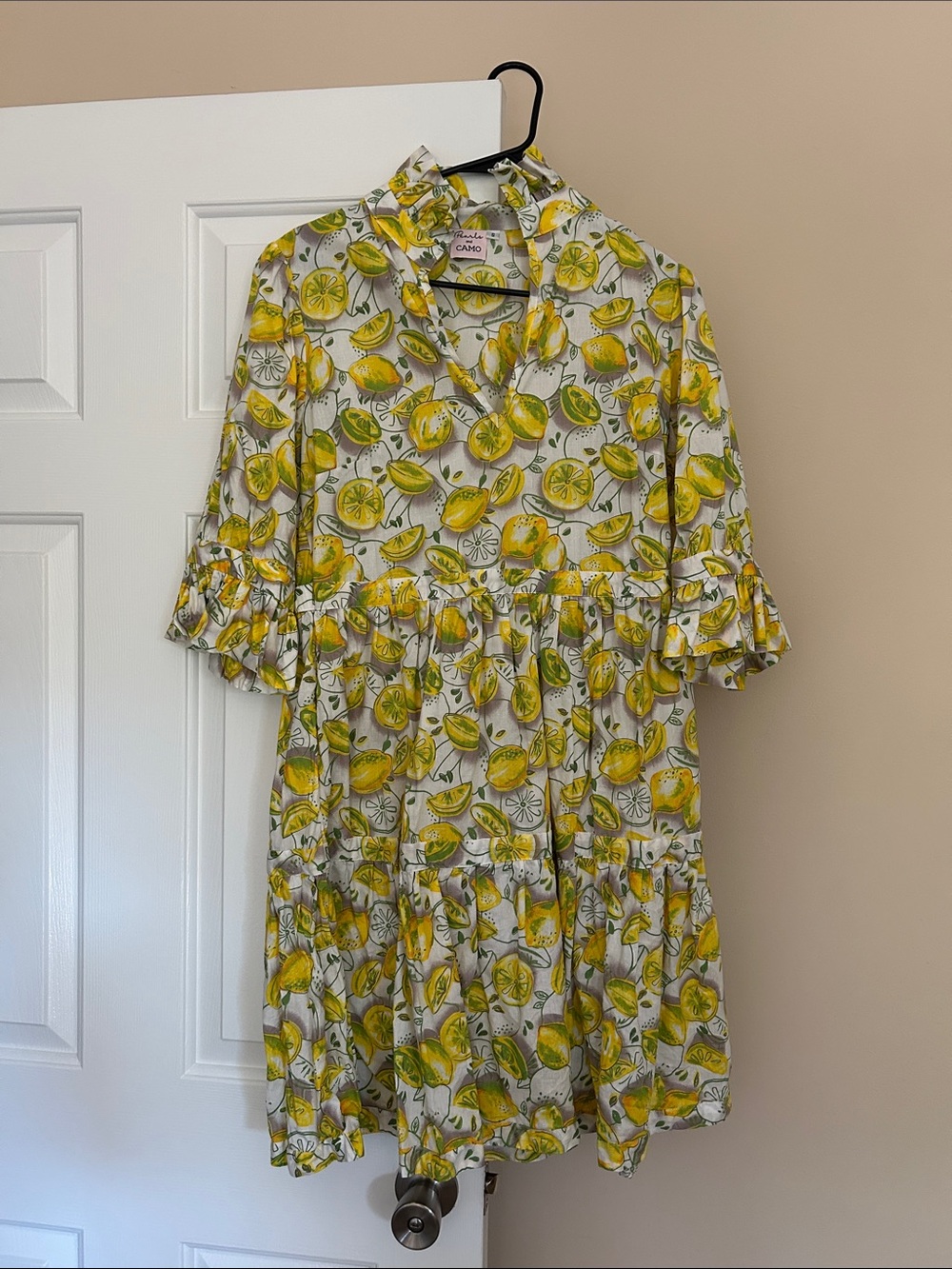 Pearls and Camo Lemon Print Tiered Shirt Dress - Yellow/Green Italy Summer